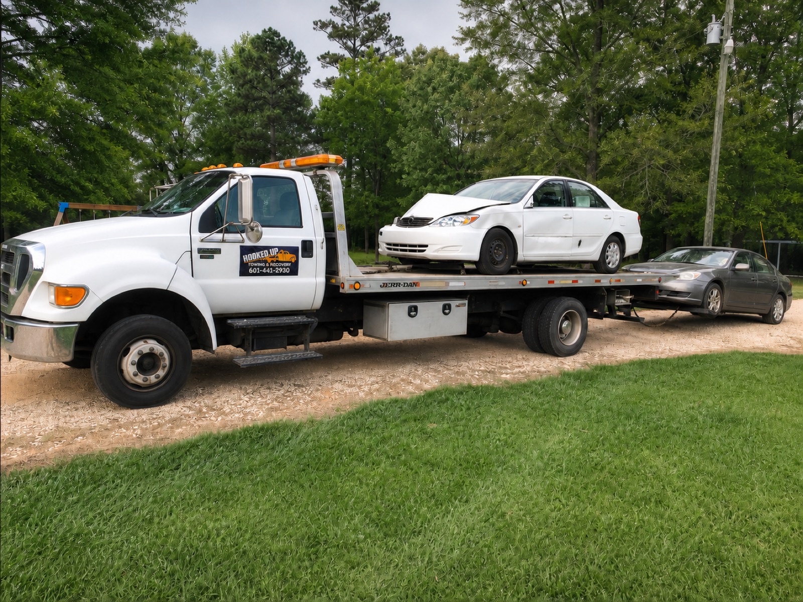 Flatbed hauling a wrecked car while towing a second vehicle